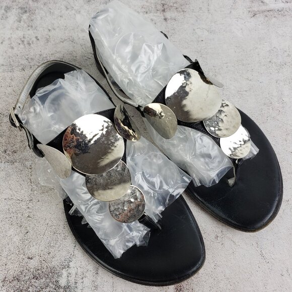 iL Sandalo Italia Black Leather Sandals Flats Hammered Metal size 37 Boho Resort - Picture 4 of 11